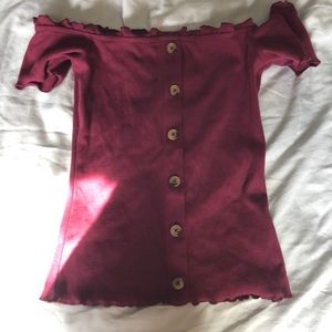 Maroon cold shoulder button down cropped shirt